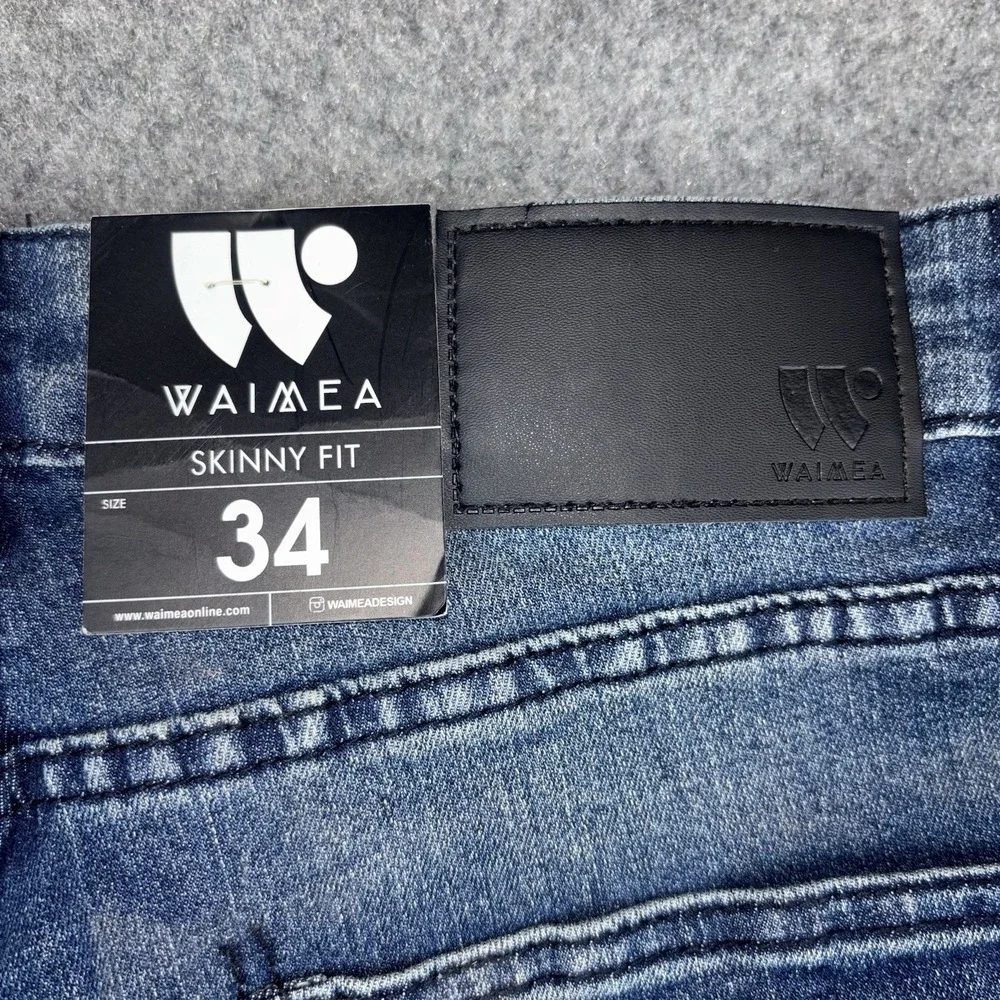 Waimea Jeans Mens 34x32 Skinny Fit Distressed Ripped Stretch Indigo Blue Denim